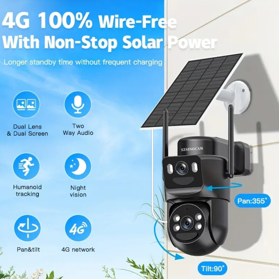 Ηλιακή κάμερα 4G ρομποτική 360° & Ηλιακος Προβολέας 1000Watt- Αδιάβροχη - Νυκτός - Ανάλυση 4K - Internet μέσω κάρτας SIM - Χωρίς Ρεύμα με ηλιακό πάνελ